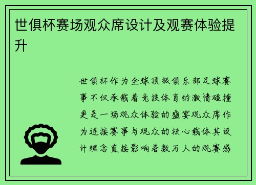 世俱杯赛场观众席设计及观赛体验提升