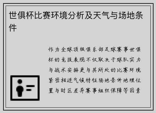 世俱杯比赛环境分析及天气与场地条件