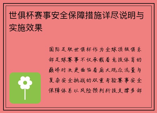 世俱杯赛事安全保障措施详尽说明与实施效果
