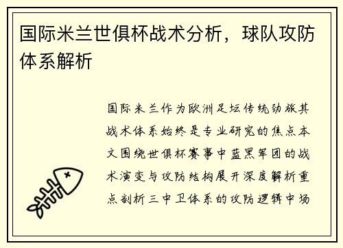 国际米兰世俱杯战术分析，球队攻防体系解析