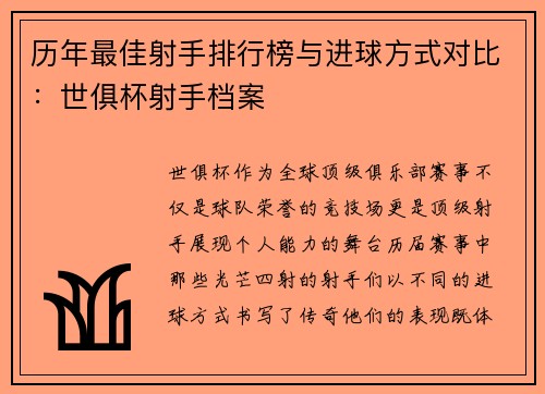 历年最佳射手排行榜与进球方式对比：世俱杯射手档案