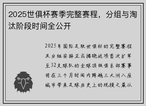 2025世俱杯赛季完整赛程，分组与淘汰阶段时间全公开